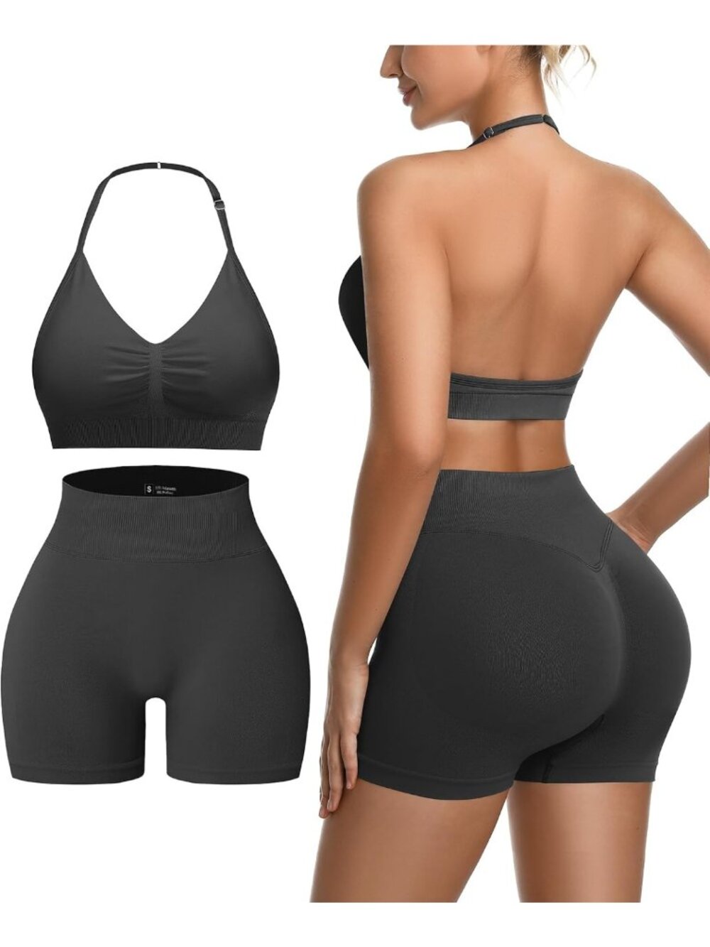 2 Piece Women's Workout Set - Padded Sports Bra & Ribbed High Waist Yoga Shorts